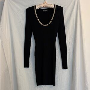 Generation Love Black Long-Sleeve Ribbed Bodycon Dress with Gold Chain